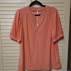 Eyelet Split-Neck Tunic Top in Coral